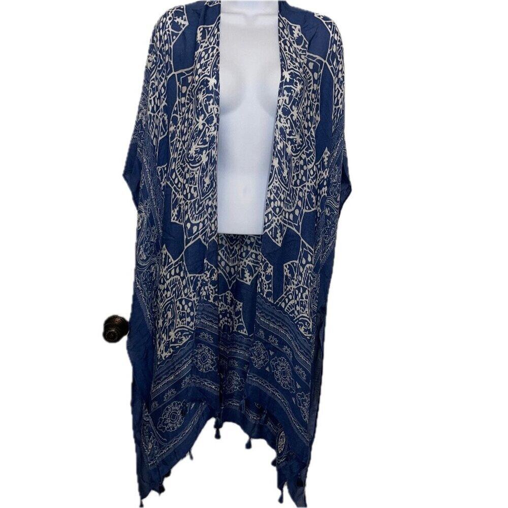 Blue White Boho Kimono Wrap Tassel Fringe One Size Made in India